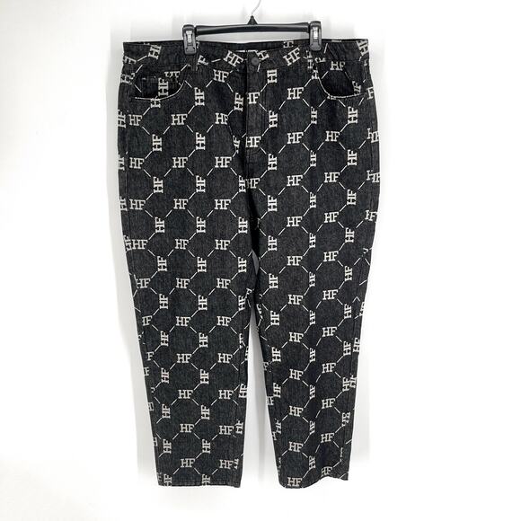Homme + Femme NEW HF Logo Jeans Mens Sz 40 Black White Honeycomb Pattern Stretch - Picture 1 of 9